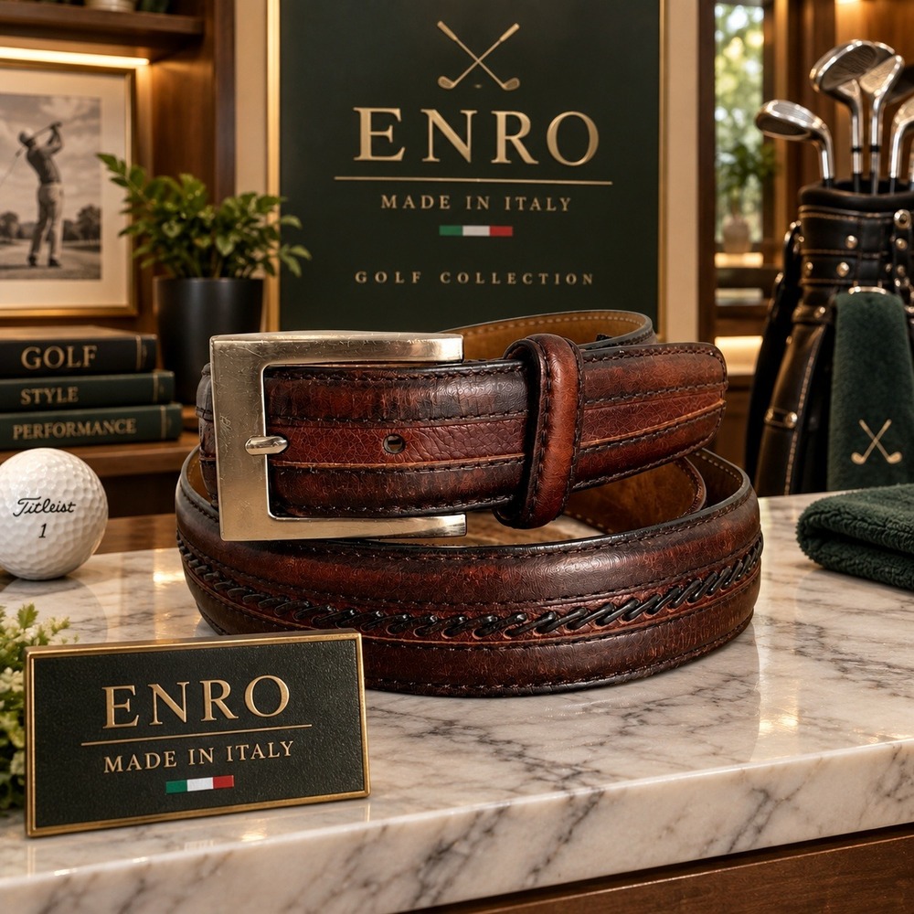 Vintage ENRO Golf Italian Leather Belt Braided Trim Brown Mens Size 44